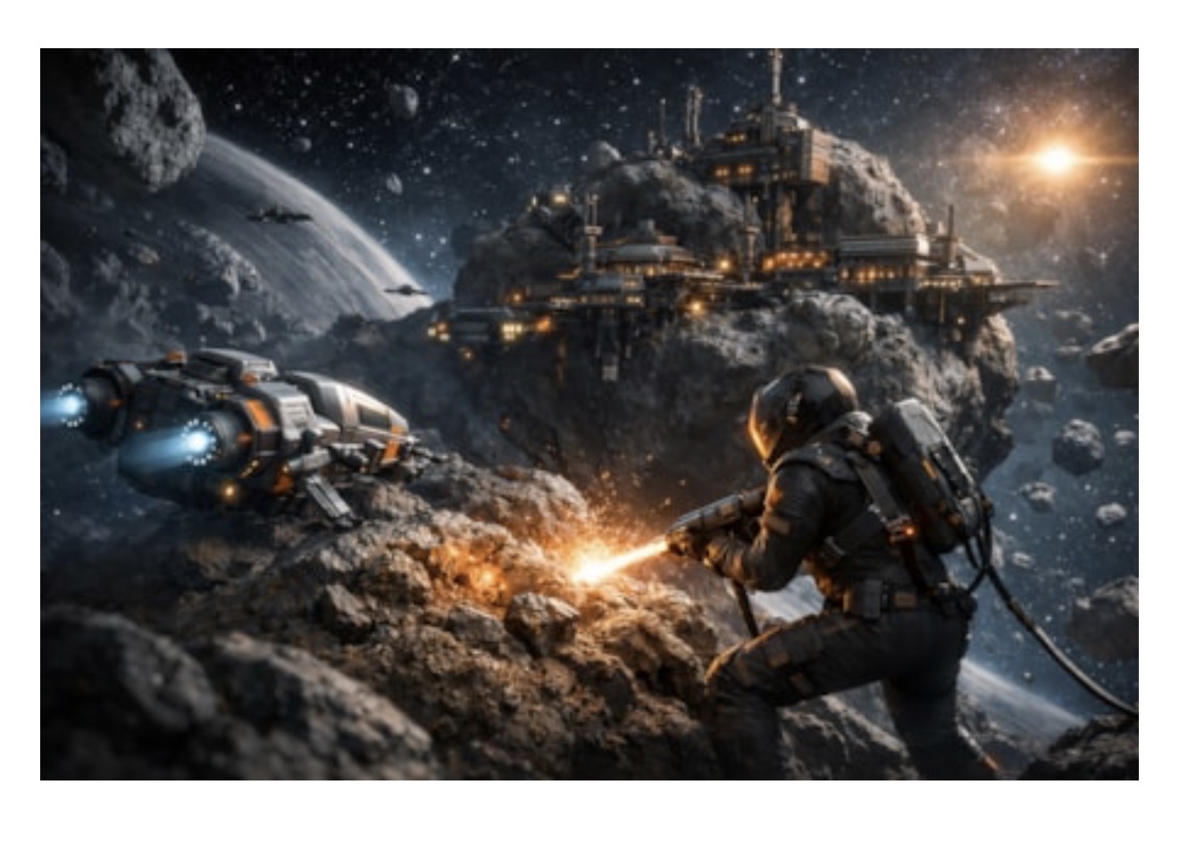 A space miner working on an asteroid beside the Howling Mine